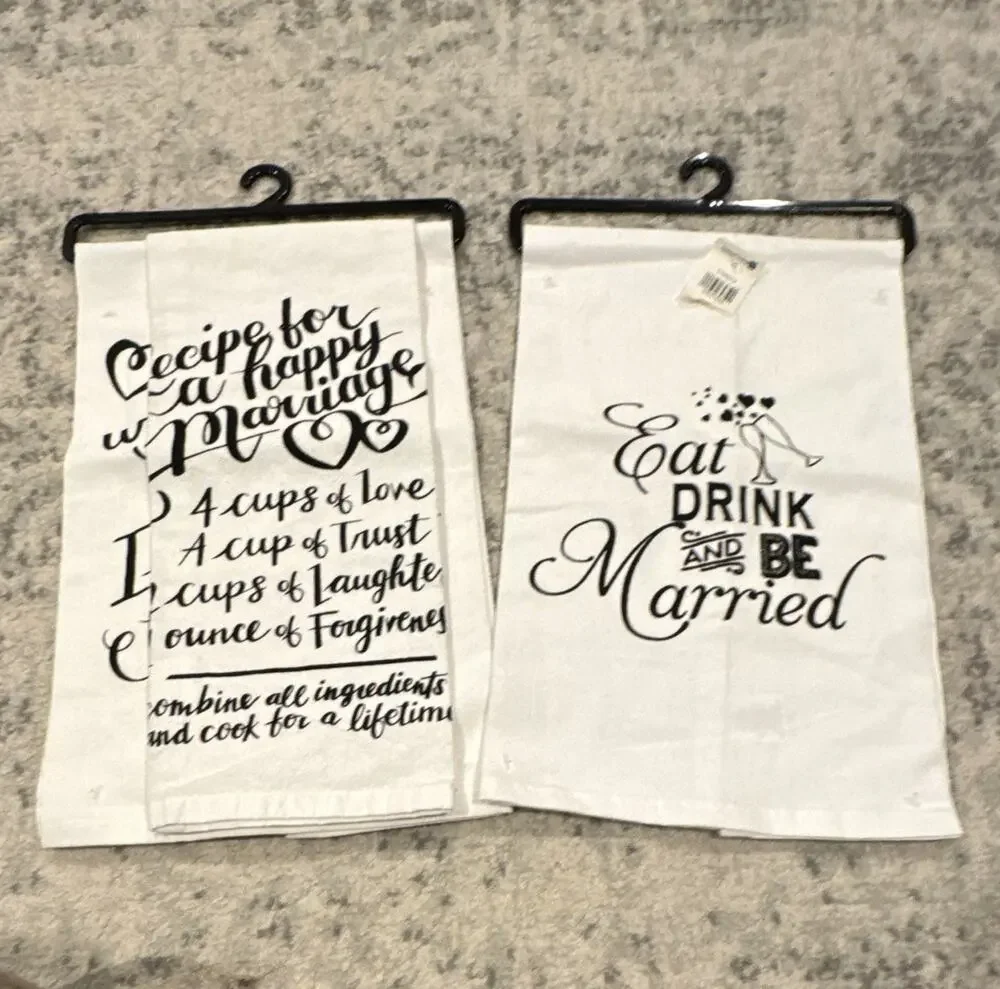 Set of 2 Cotton White Kitchen Tea Towels Wedding Sayings Black Print